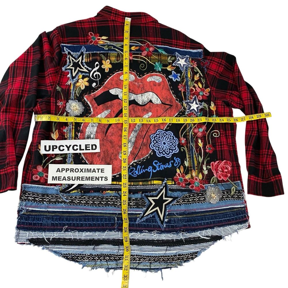 Upcycled Flannel Shirt Shacket Womens 3X Lips Stones Custom Grunge Rocker Skater - Picture 2 of 15